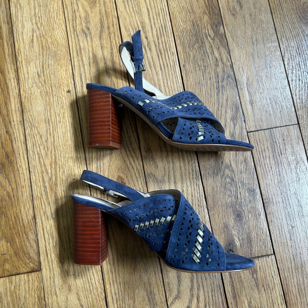 Violet & Red Paterson Navy Blue Suede Perforated Block Heel Sandals Size 8.5M